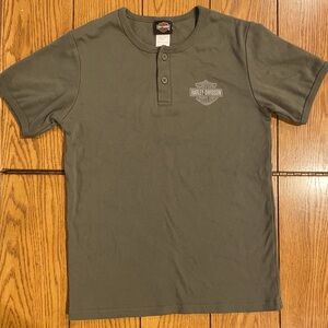 Harley Davidson short sleeve henley, unisex, kids 12/14,olive green,button down